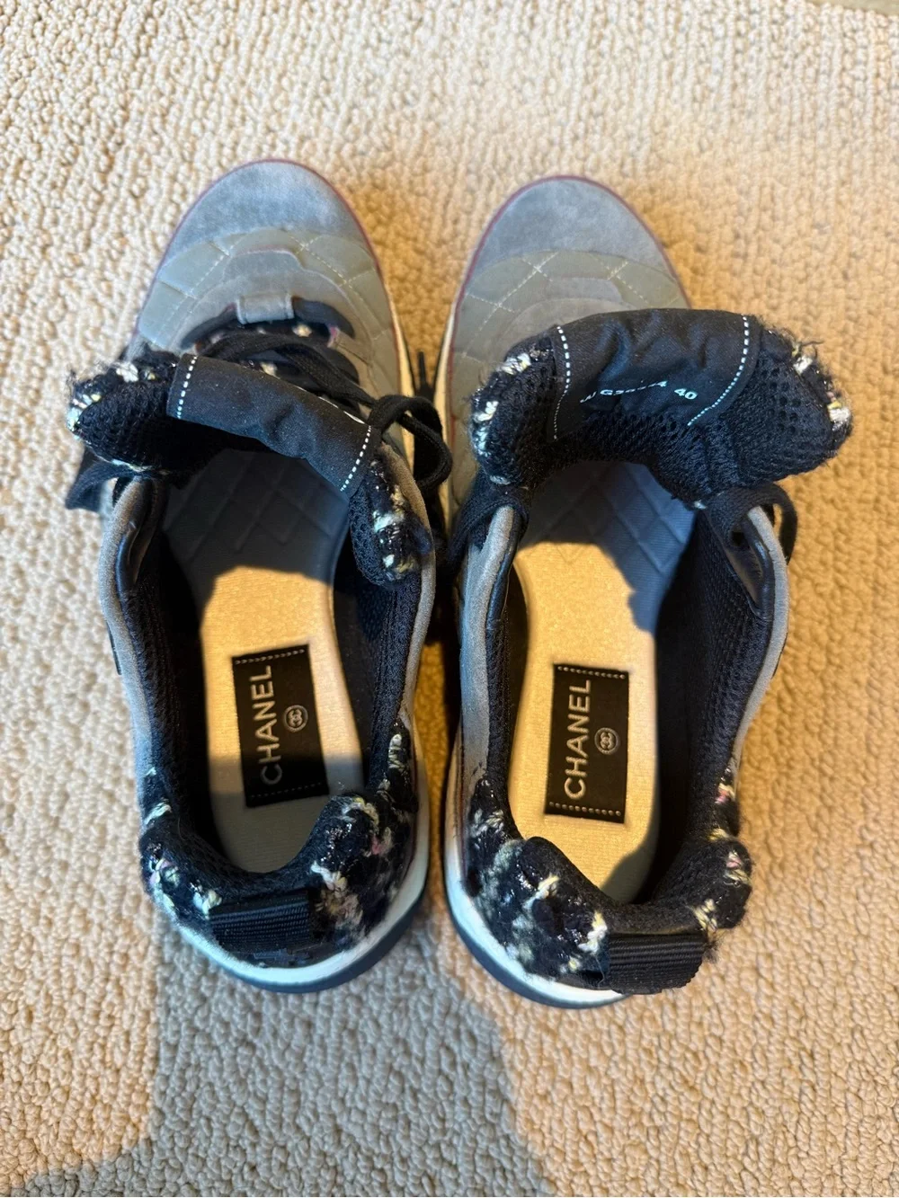 CHANEL Grey and Black Quilted Suede Women’s Sneakers